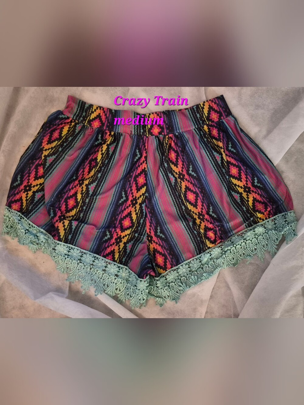 Crazy Train Multicolor Aztec Stripe Shorts with Mint Lace Trim